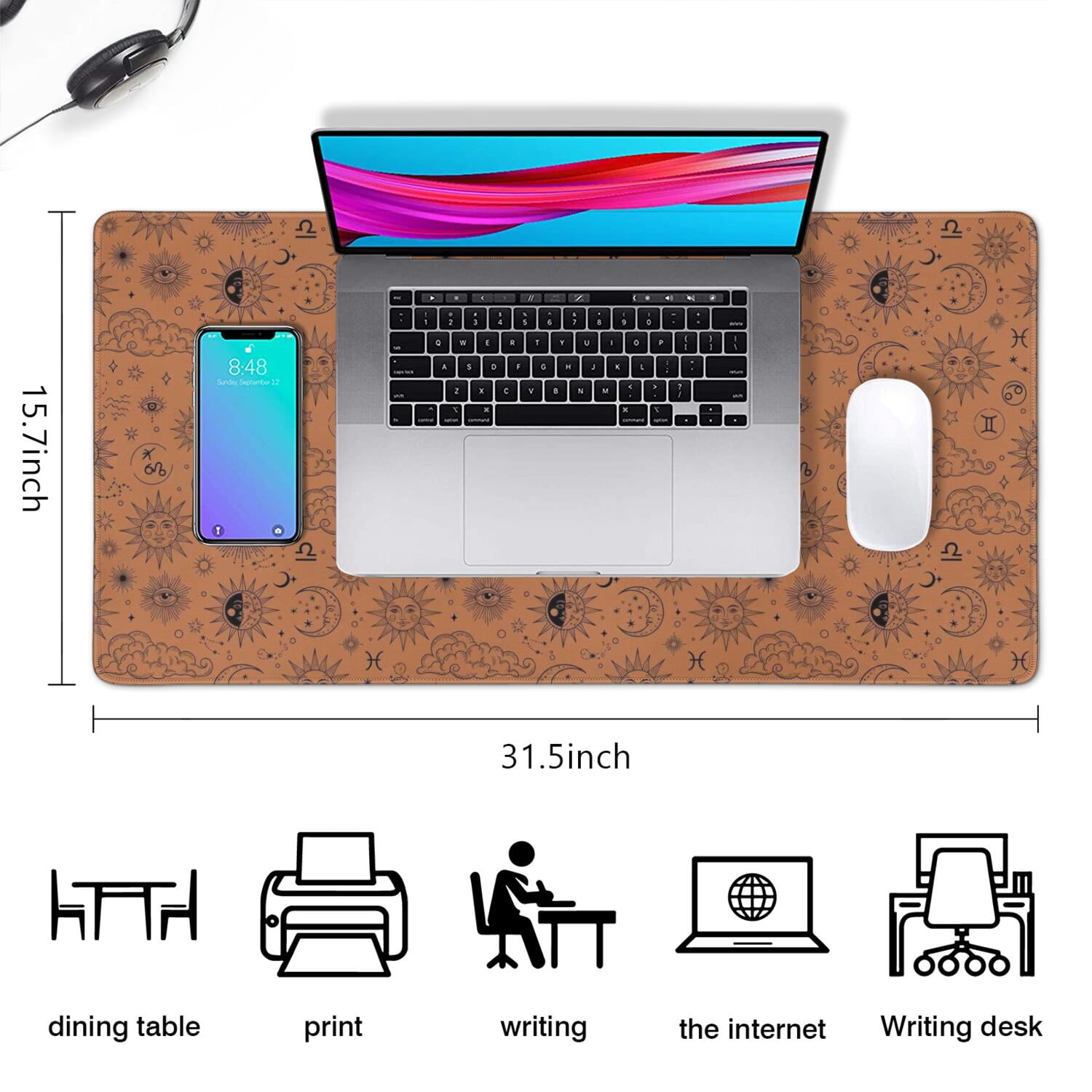 Long Mouse Pads for Desk,Orange Occult Pattern Desk Mats on Top Of Desks, Desk Mouse Pad Extra Large with 3mm Non-Slip Base and Stitched Edge for Gaming,Office,Work,Home 31.5"x15.7"