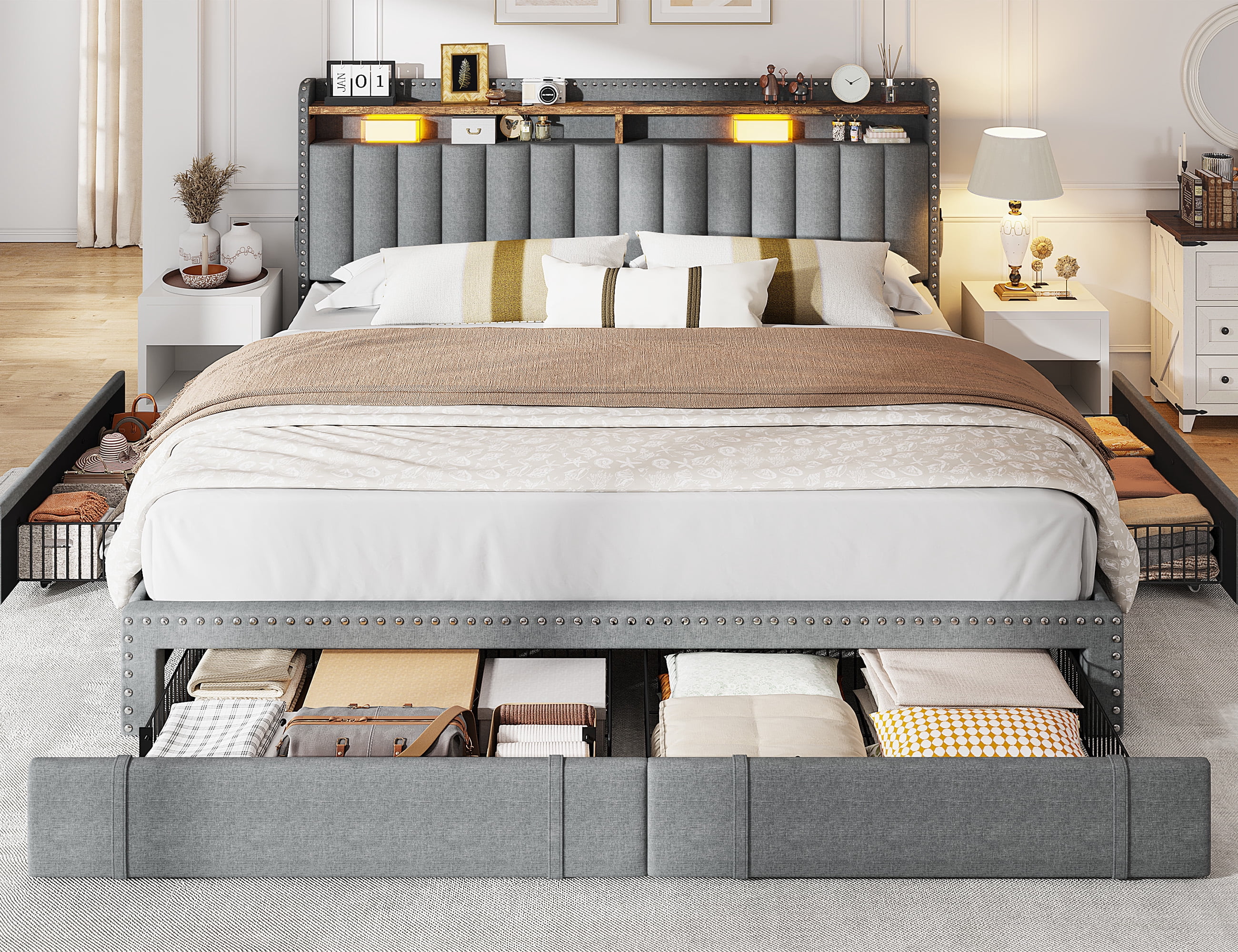 King Size Bed Frame with 4 Storage Drawers Upholstered Bed Frame with 2-Tier Shelf Bed Frame with Headboard & Side Pockets,Gray