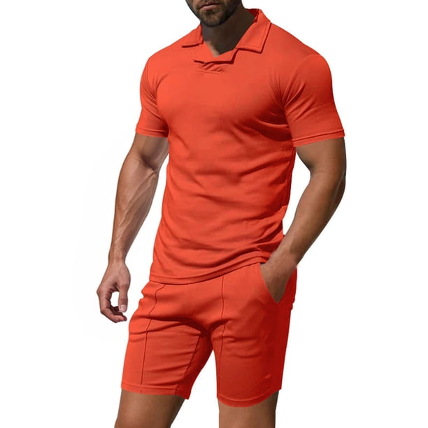 Mangas de Mano para Hombres Casual Sólido de Manga Corta Cuello Redondo Blusa Y Pantalones Cortos Conjunto, Traje de Dos Piezas de Poliéster de Moda para el Uso Diario de Primavera Verano