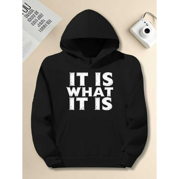 Men'S Plus Size Oversized Hooded Sweatshirt - with "IT IS WHAT IT IS" Graphic Print, Loose Fit Casual Streetwear Hoodie, Heavyweight Non-Stretch Fabric, Long Sleeve Pullover with Front Pocket for Big