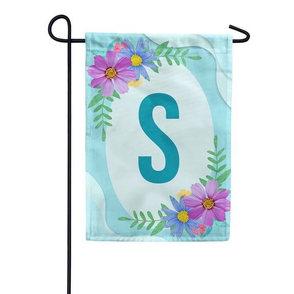 America Forever Spring Monogram Garden Flag Letter S 12.5 x 18 inches Double Sided Vertical Outdoor, Yard, Lawn, Pink and Blue Flowers, Cosmos, Leaves, Summer Flower Garden Flag