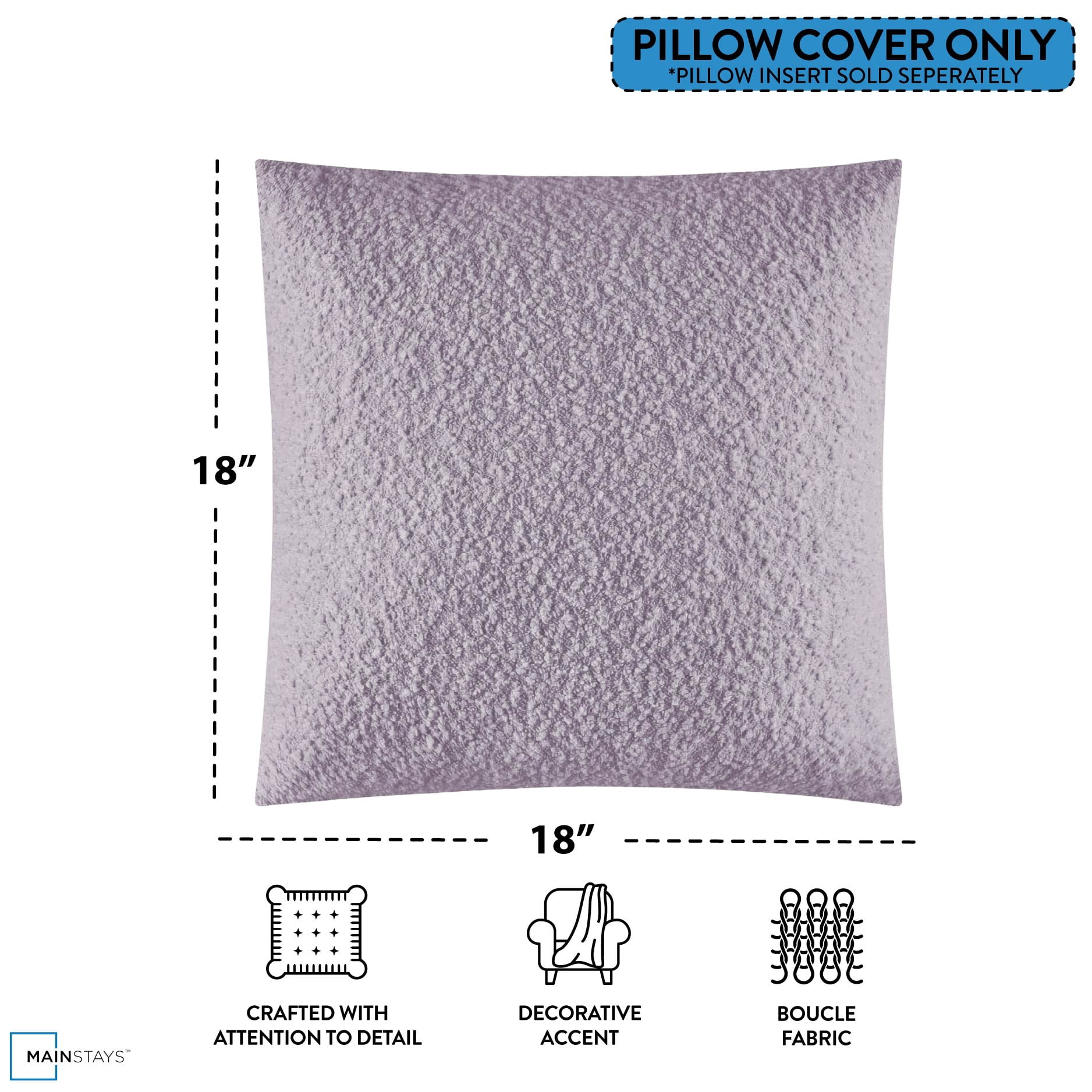 Mainstays 18"x18" Boucle Decorative Throw Pillow Cover- 2Pk- Hazy Purple
