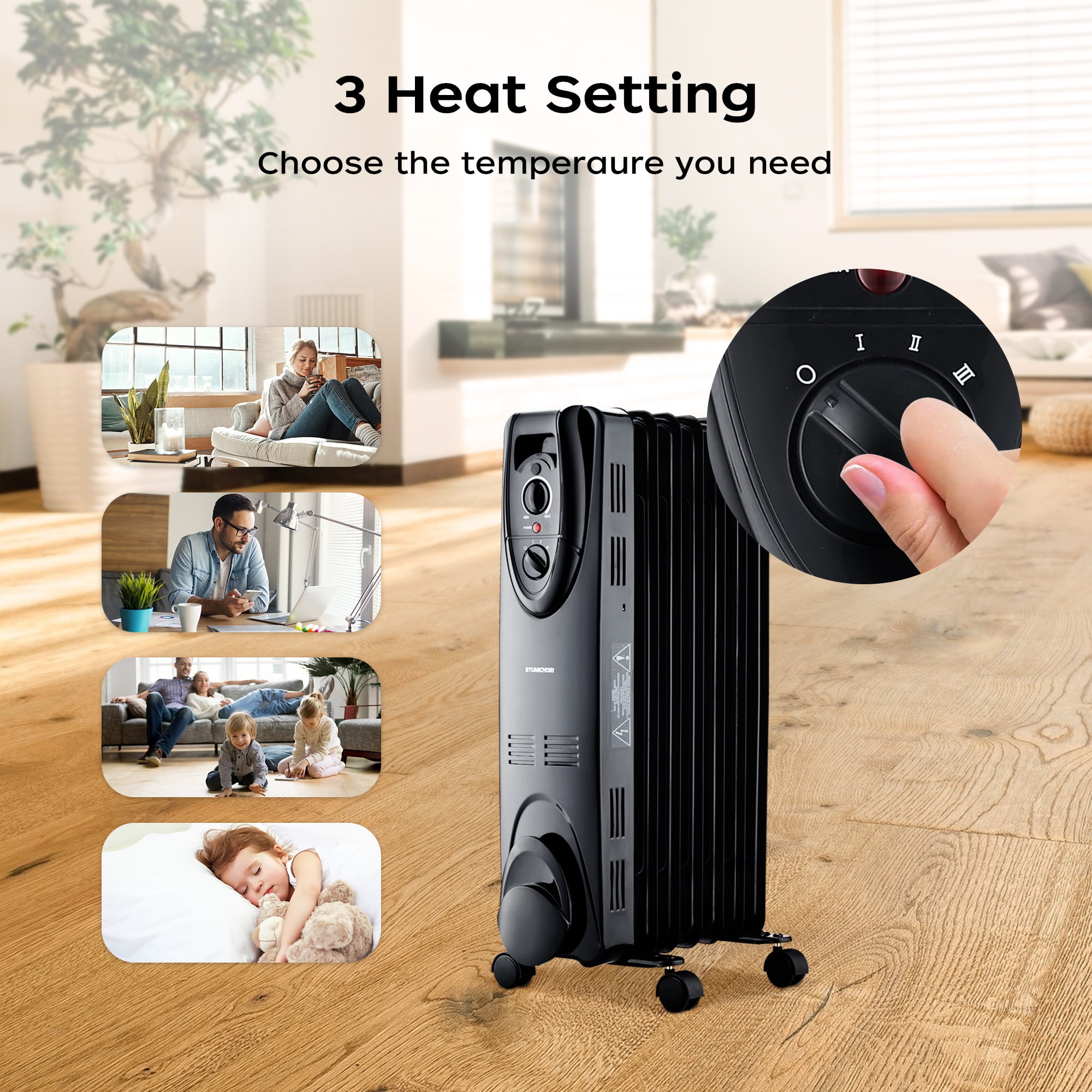 Oil Filled Radiator Heater, Portable Electric Heater with 3 Heat Settings,  Adjustable Thermostat, Overheat u0026 Tip-Over Protection, 1500W, Oil heaters  for home - Walmart.com