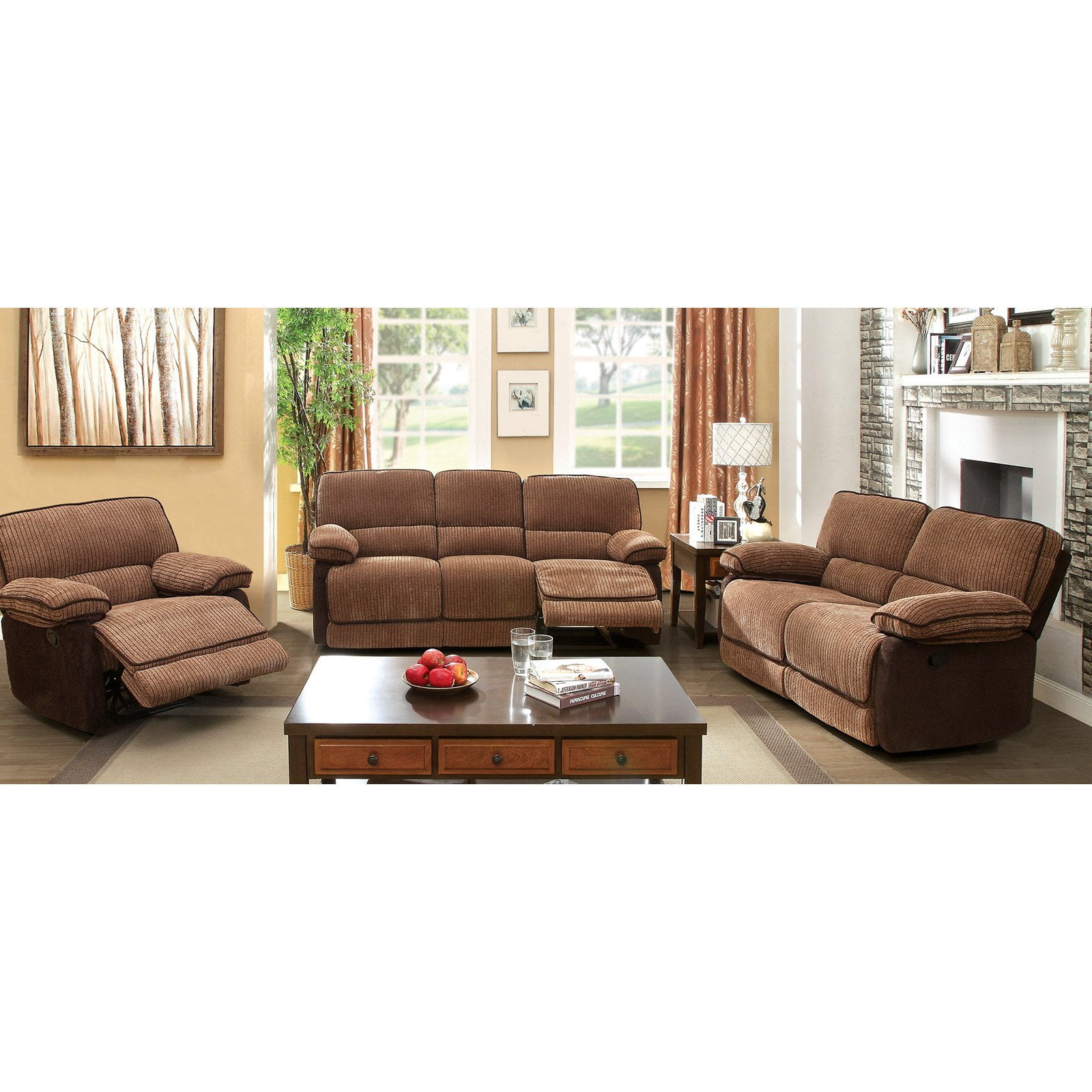 Chenille Fabric Recliner Sofa Set, Brown Fabric Recliner Sofa Set