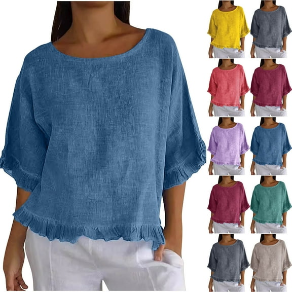 Otvok Womens Solid Cotton and Linen Ruffle Pleated Hem Half Sleeve Casual Shirt