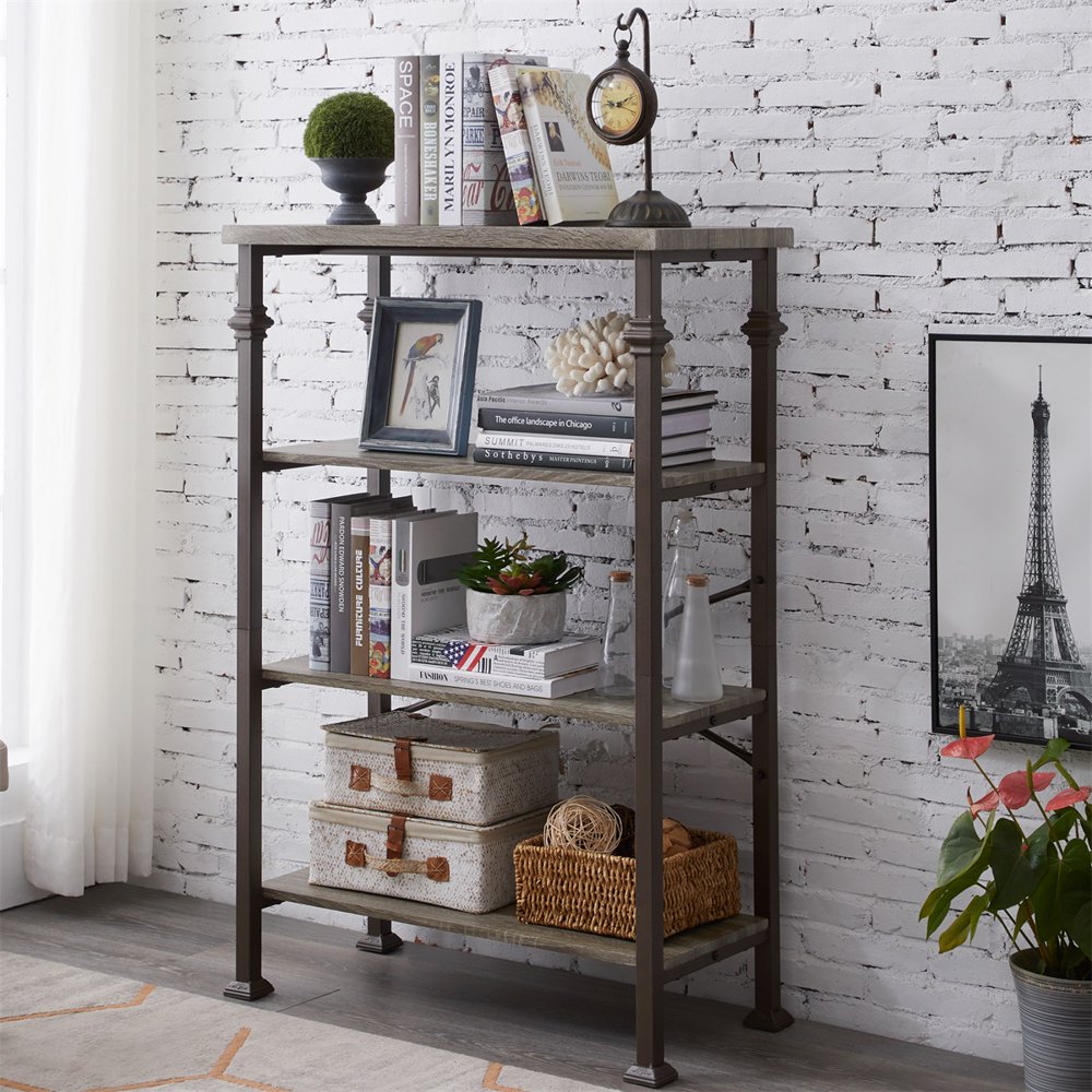 Kepooman 4Tier Bookshelf, Rustic Bookcase Furniture, Free Standing