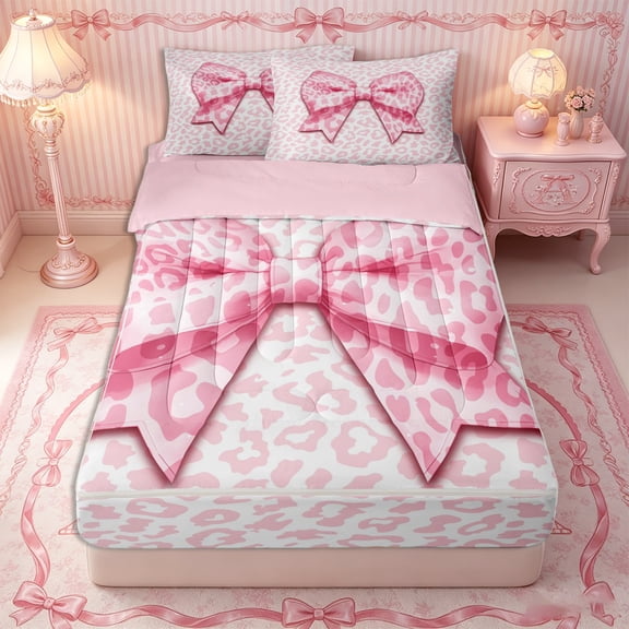 Erosebridal Glam Large Satin Bow Zipper Twin Comforter Sets with Fitted Sheet and 2 Pillowcases,Soft Leopard Spotted Base Zipper Bedding Set,Bubblegum Pink White,4-Piece,Pink Reversible