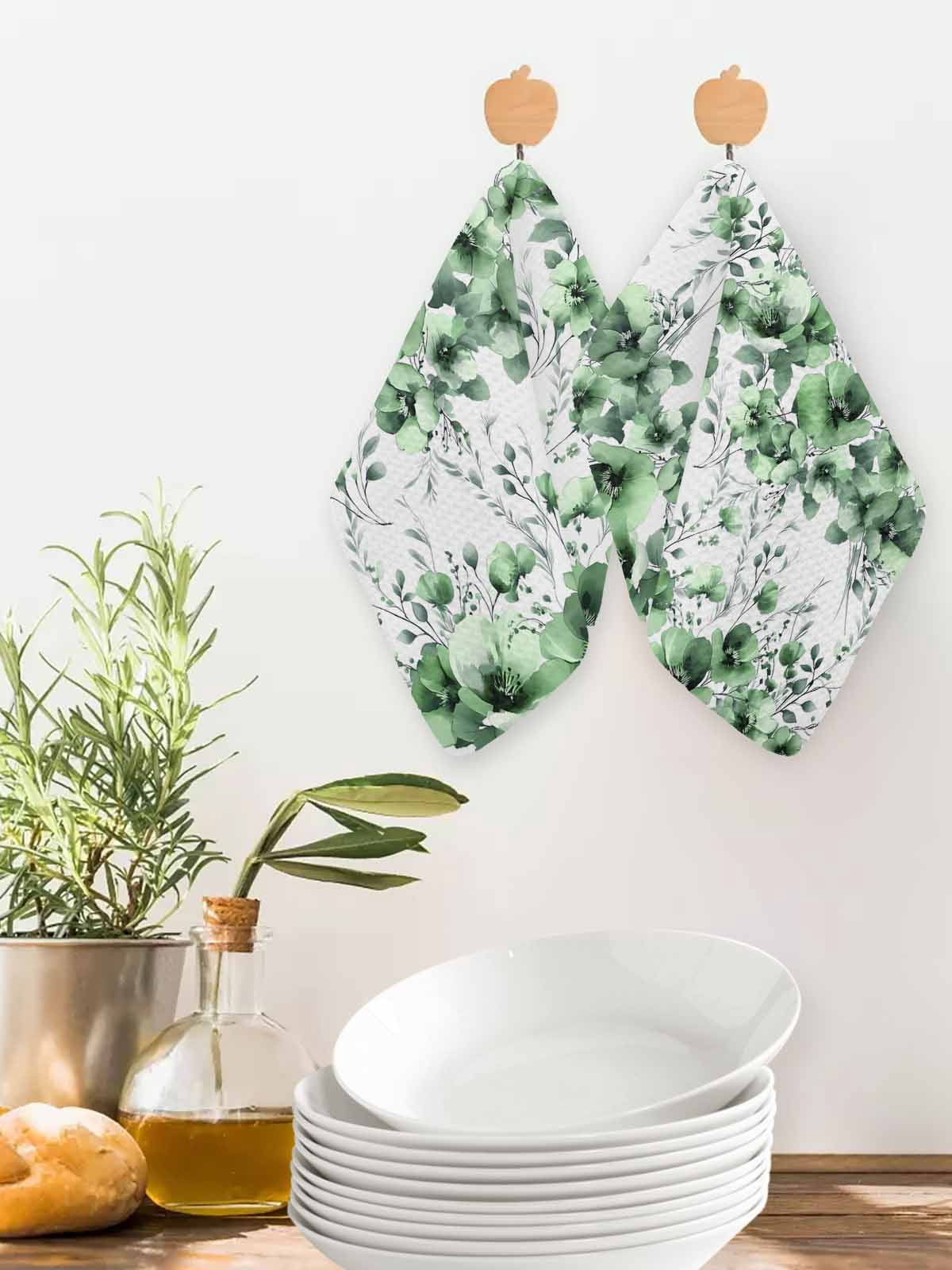 Green Floral Kitchen Dish Towels for Drying Dishes Set of 3, Vintage Farmhouse Garden Flower Leaves Waffle Weave Microfiber Hand Tea Bathroom Towels Quick Dry & Absorbent Towel 12x12