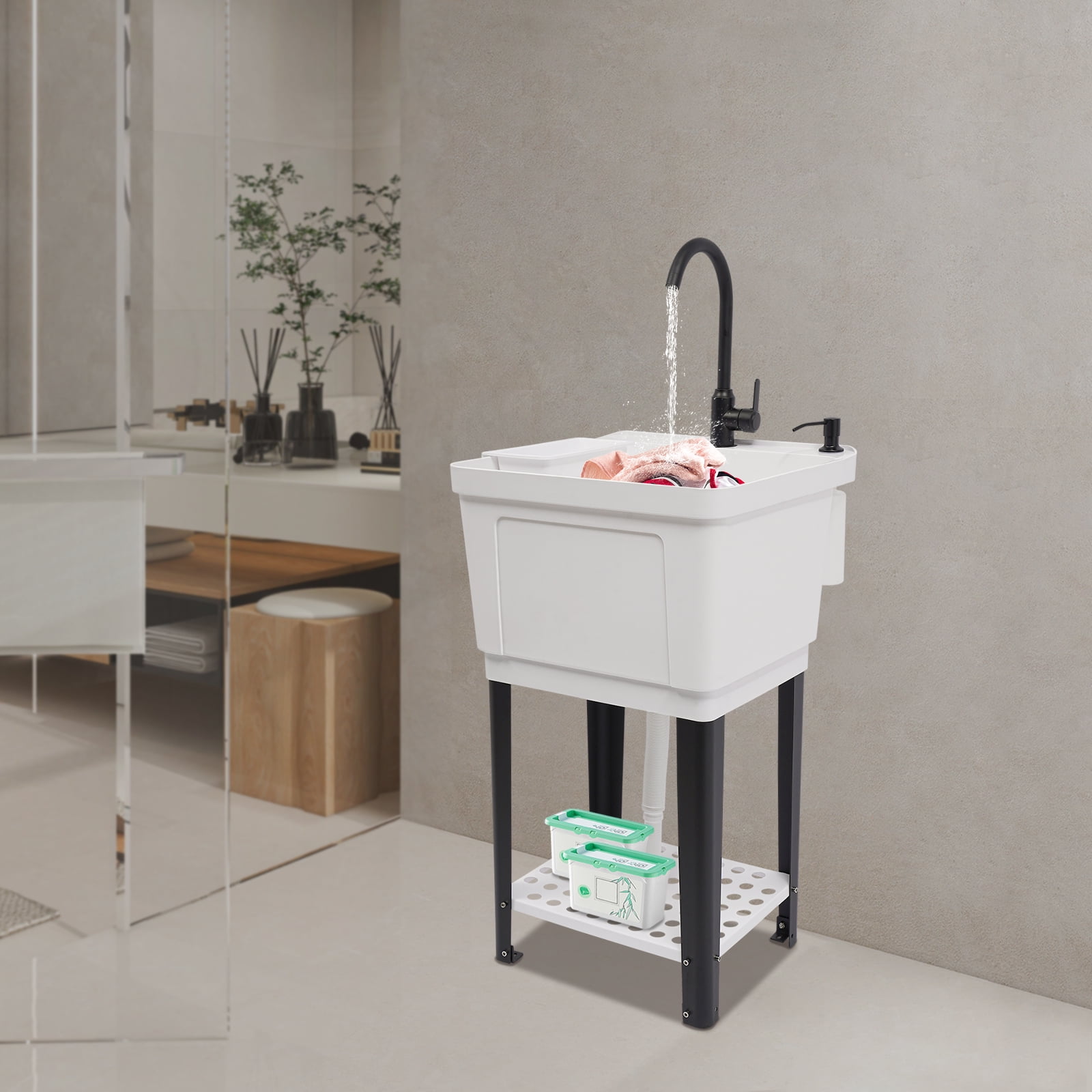 Freestanding Laundry Sink with Faucet, White Utility Sink With Soap Dispenser & Bottom Storage Rack, for Laundry Room Balcony, Garage & Pet Bathing