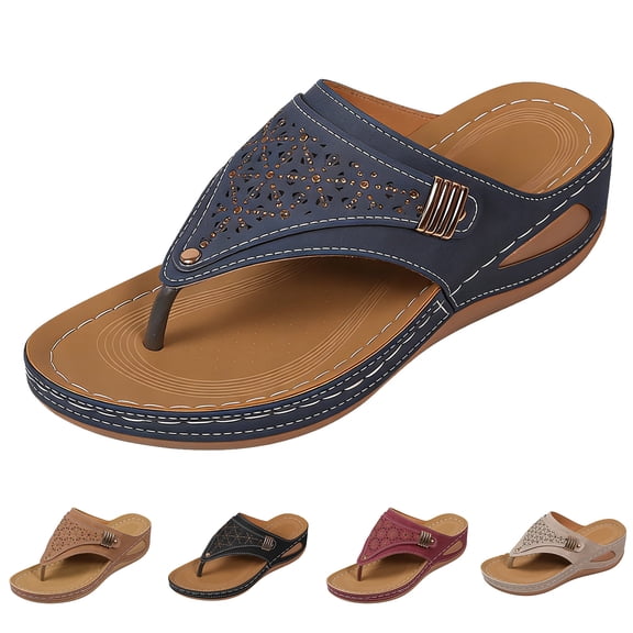 Modisza Women Orthopedic Wedge Slides with Arch Support Outdoor Dressy Flat Sandals Ladies Wide Width Comfortable Flip Flops size 6.5 Black