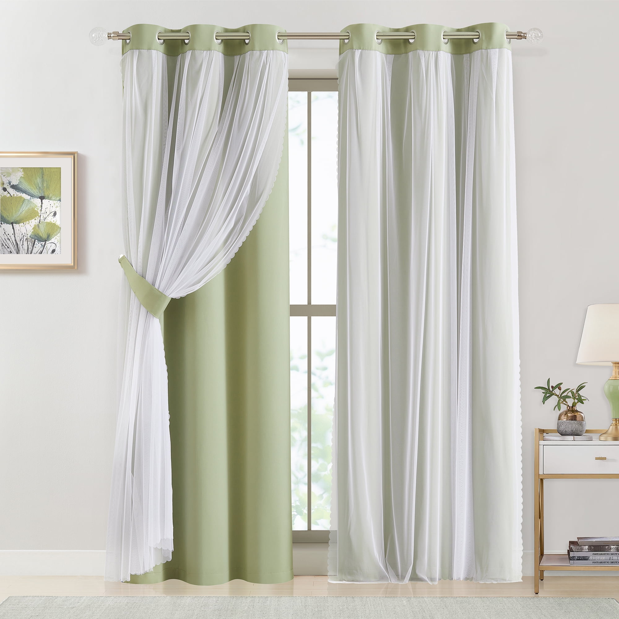 Pinewave Blackout Curtains with Sheer Overlay Mix and Match Double Layer Thermal Insulated Window Panels 84 inch Living Room Drapes 37" Wx84 Lx2,Green