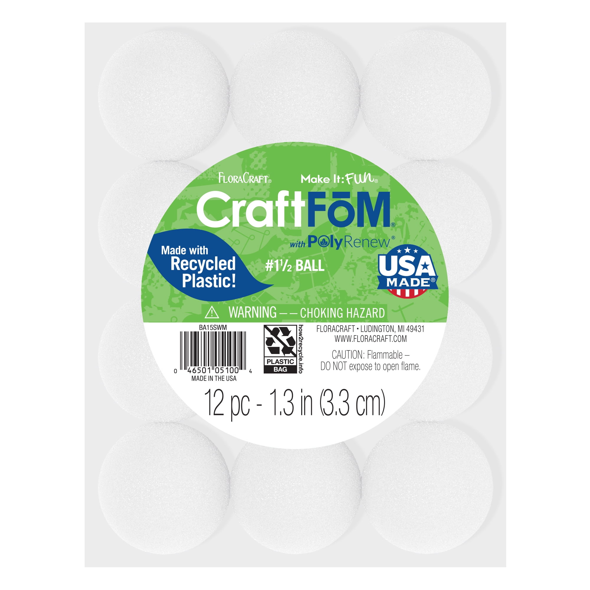 FloraCraft CraftFM 12 piece Crafting Foam Ball 1.3 inch White