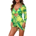 thumbnail image 4 of INSPIRE CHIC Women's Halter Floral Triangle Bikini Sets, 3 Pieces Swimsuit Long Sleeve Drawstring Cover Up Mesh Ruched Dress Swimwear Yellow Green Medium, 4 of 6