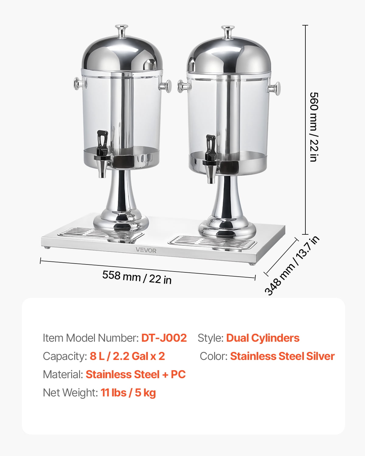 VEVOR Beverage Dispenser, 2.1 Gallon x 2 Drink Dispenser for Parties, Stainless Steel + Plastic Juice Dispensers with Spigot Ice Chamber Tray, Iced Tea Lemonade Dispensers, for Restaurants, Hotels