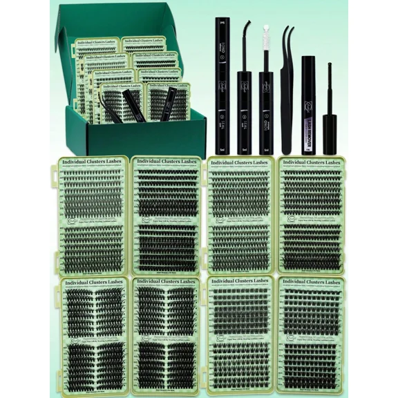 2304PCS Mega Lash Clusters Book with Bond and Seal, D Curl Eyelash Extension Kit 10-16mm, Wispy Volume Individual Lashes with Remover and Tweezers, DIY Lash Kit for Beginners