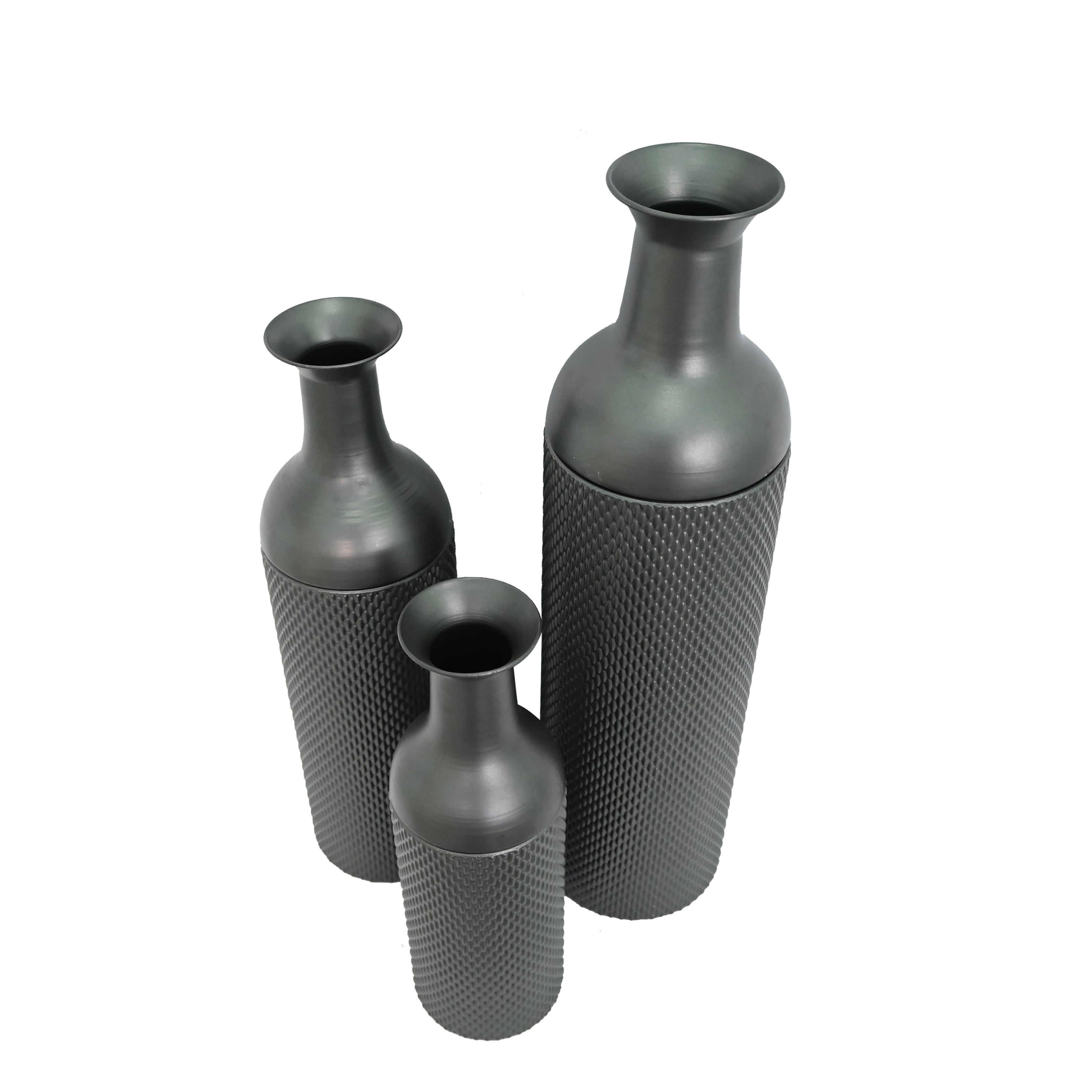 Metal Floor Vases Set of 3 with Leaf Pattern, Tall Decorative Vases and Home Decor Accents for Living Room Entryway, Black and Silver