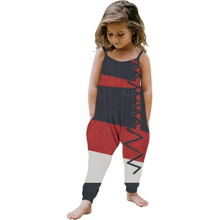 

ROLKFUK Toddler Girls Casual Jumpsuit- Backless Printed Sleeveless Cotton Summer Overalls Red Size 4 T