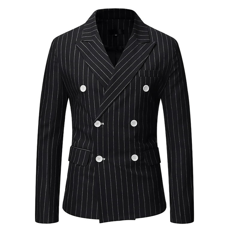 Mens Business Blazer Slim Fit Double-breasted Stripe Suit Jacket