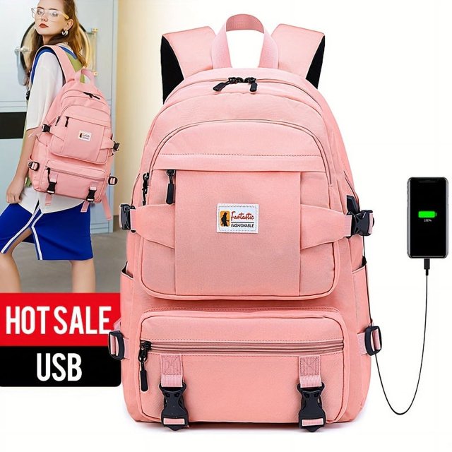 Casual Large Capacity School Backpack With USB Charging Port, School Backpack, Laptop Compartment For 14 Inch Laptop