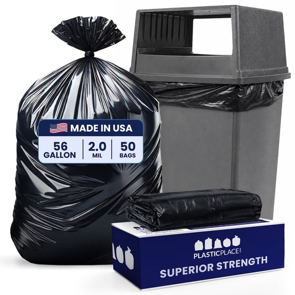 Plasticplace 56 Gallon Trash Bags │ 2.0 Mil │ Black Heavy Duty Liners, Fits Glutton Garbage Can │ 43” x 46” (50 Count)