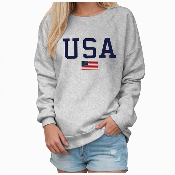 NOLDARES Women's Oversized USA Graphic Letter Print Sweatshirts Crewneck Patriotic Fleece Pullover Tops Winter Sweater,Grey,XL