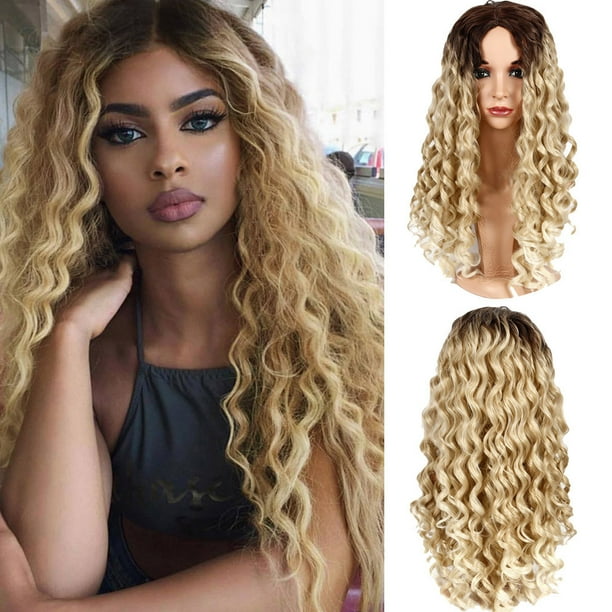  Black  Gold  Long Curly Hair  Wig Synthetic Water Wave Curly 