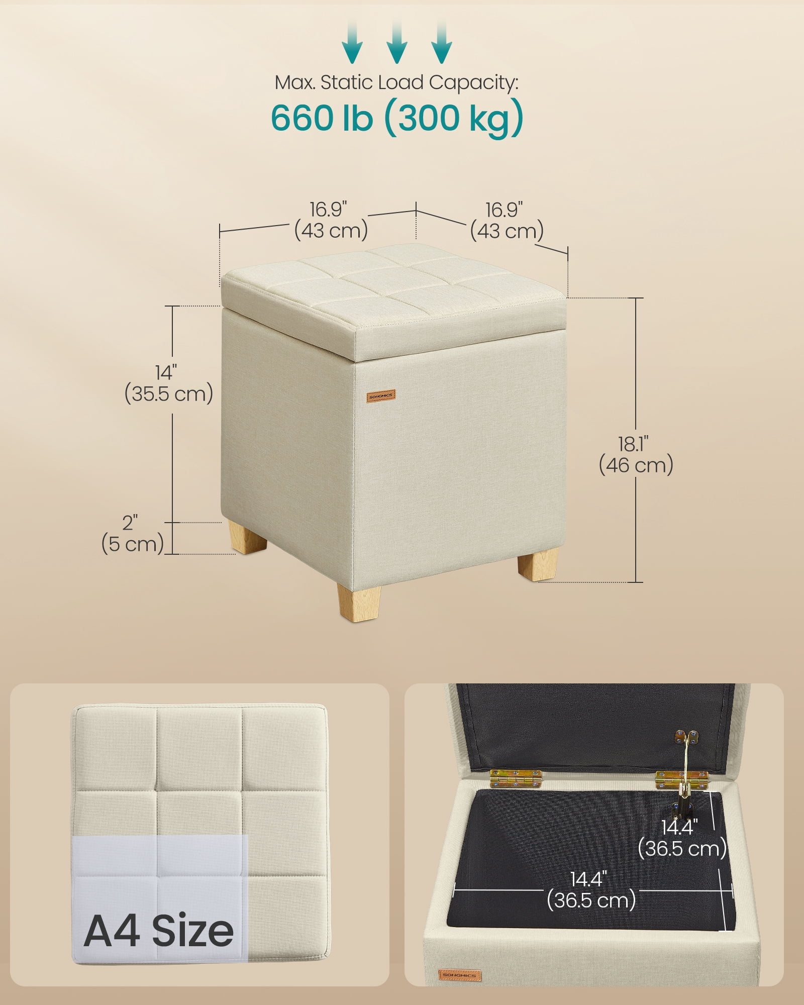 SONGMICS Square Storage Ottoman, Foot Stool Footrest with Legs, Ottoman Cube, 16.9 x 16.9 x 18.1 Inches, Linen-Look Fabric, Summer Sand