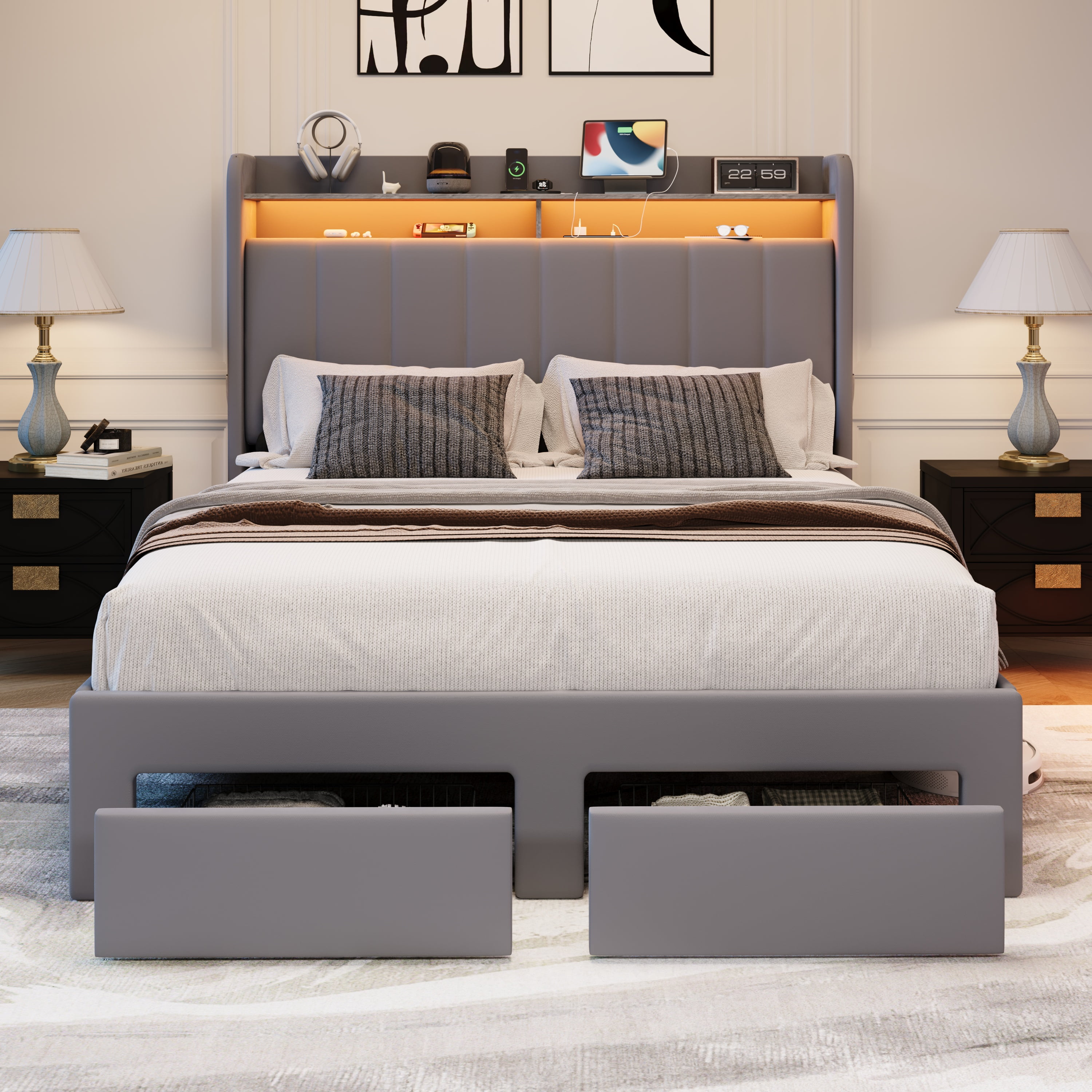Amolife Queen Size Platform Bed Frame with 2-Tier LED Storage Velvet Wingback Headboard & 2 Storage Drawers, USB & Type-C Charging Ports, Light Grey