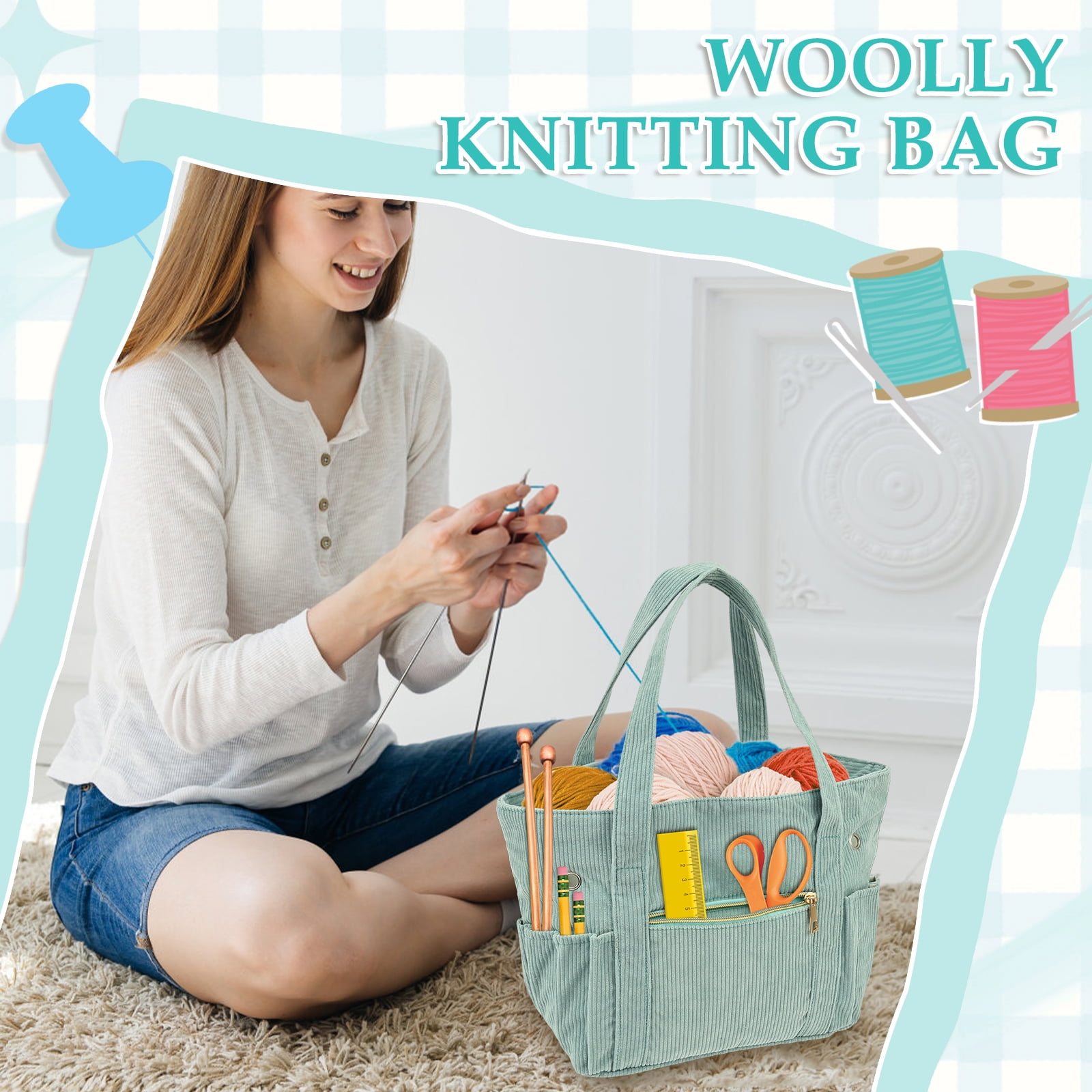FKSZLL Crochet Bag and Tote 11.5" Corduroy Yarn Bag with Multiple Compartment Knitting Bag Crochet Tote Organizer for Crochet Lover