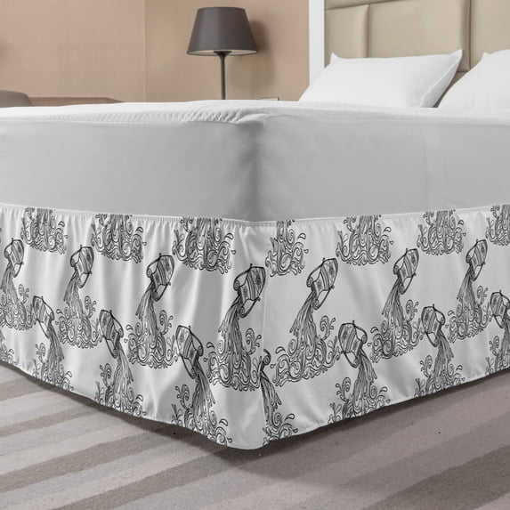Hand Drawn Bed Skirt, Sketchy Ornamental Water Dripping Jug Pattern on Plain Background, Elastic Bedskirt Dust Ruffle Wrap Around for Bedding Decor, 4 Sizes, Charcoal Grey and White, by Ambesonne