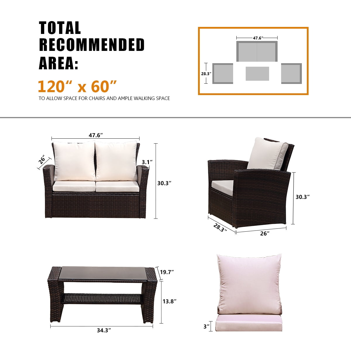 All-Weather Outdoor Patio Furniture Set - 4-Piece Wicker Rattan Sectional Conversation Set with Table and Cushions, Gray