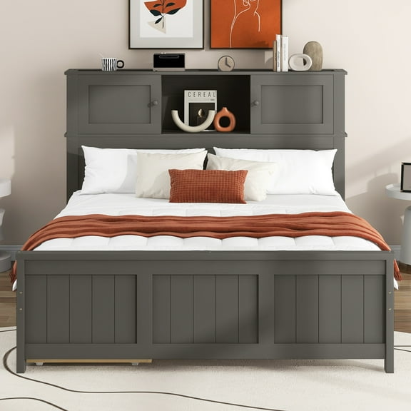 Full Size Platform Bed with Storage Headboard and Sliding Door,2 Drawers, Gray