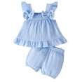 thumbnail image 2 of HOWPAY Baby Girl Outfits Summer Solid Color Sleeveless Crew Neck Tops and Wide Leg Shorts Outfit Causal Comfy 2 Piece Sweatsuits Set Blue, 2 of 5