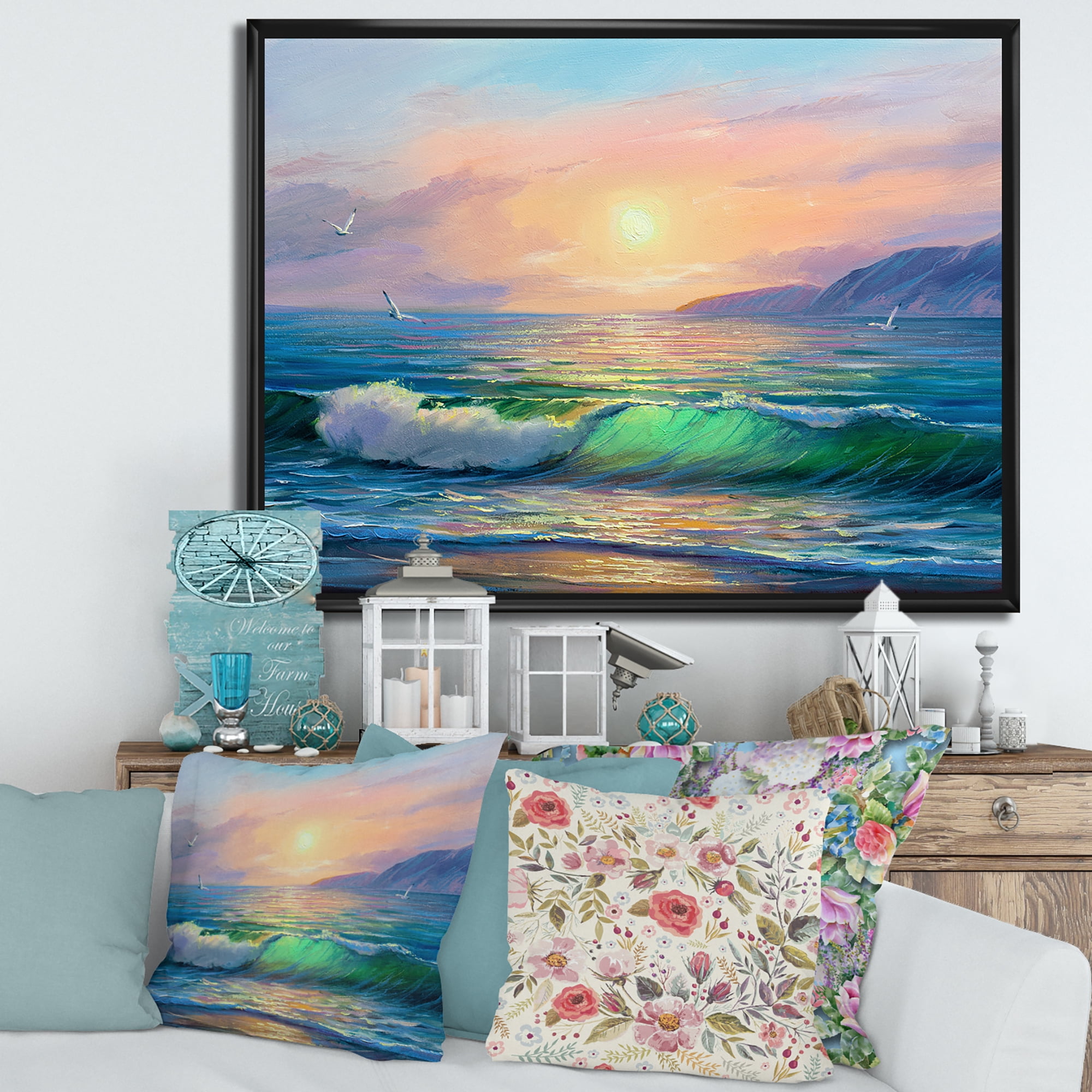 Designart 'Blue Waves Breaking At The Beach Landscape V' Nautical & Coastal Framed Canvas Wall Art Print