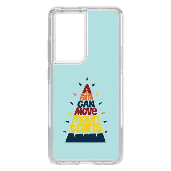 DistinctInk Clear Shockproof Hybrid Case for Galaxy S21 ULTRA 5G (6.8" Screen) - TPU Bumper, Acrylic Back, Tempered Glass Screen Protector - A Faith Can Moves Mountains