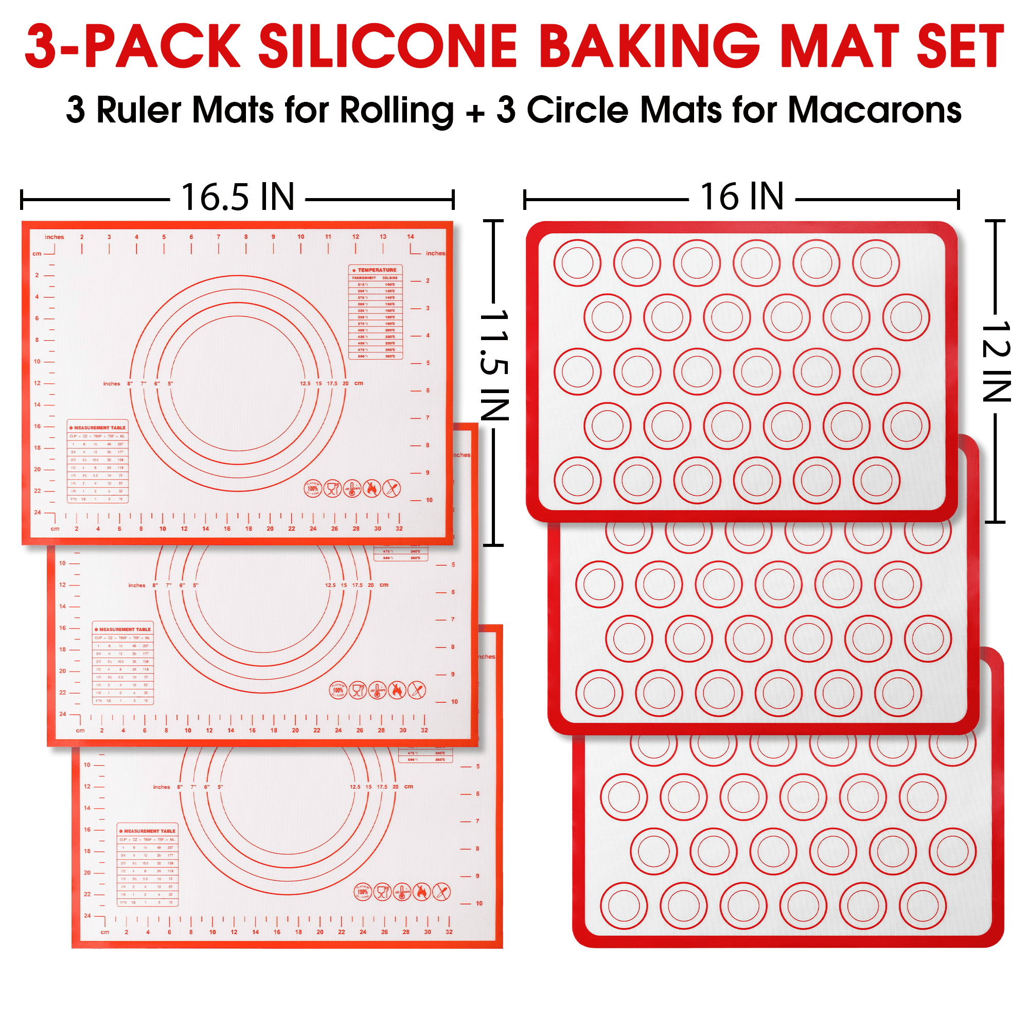 6 Pack Silicone Baking Mat Set, Silicone Baking Sheet, 3 Silicone Pastry Mats for Rolling Dough, 3 Macaron Baking Mats for Oven Baking