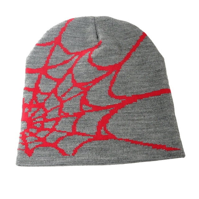 Transemion Stylish Spider Web Beanie Hat For Trendy Winter Fashion Unisex Spider Web Hats gray red
