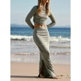 thumbnail image 3 of Women Summer 2 Piece Outfits Solid Color Backless Long Sleeves Tops and Elastic Slit Long Skirt Set for Streetwear, 3 of 9