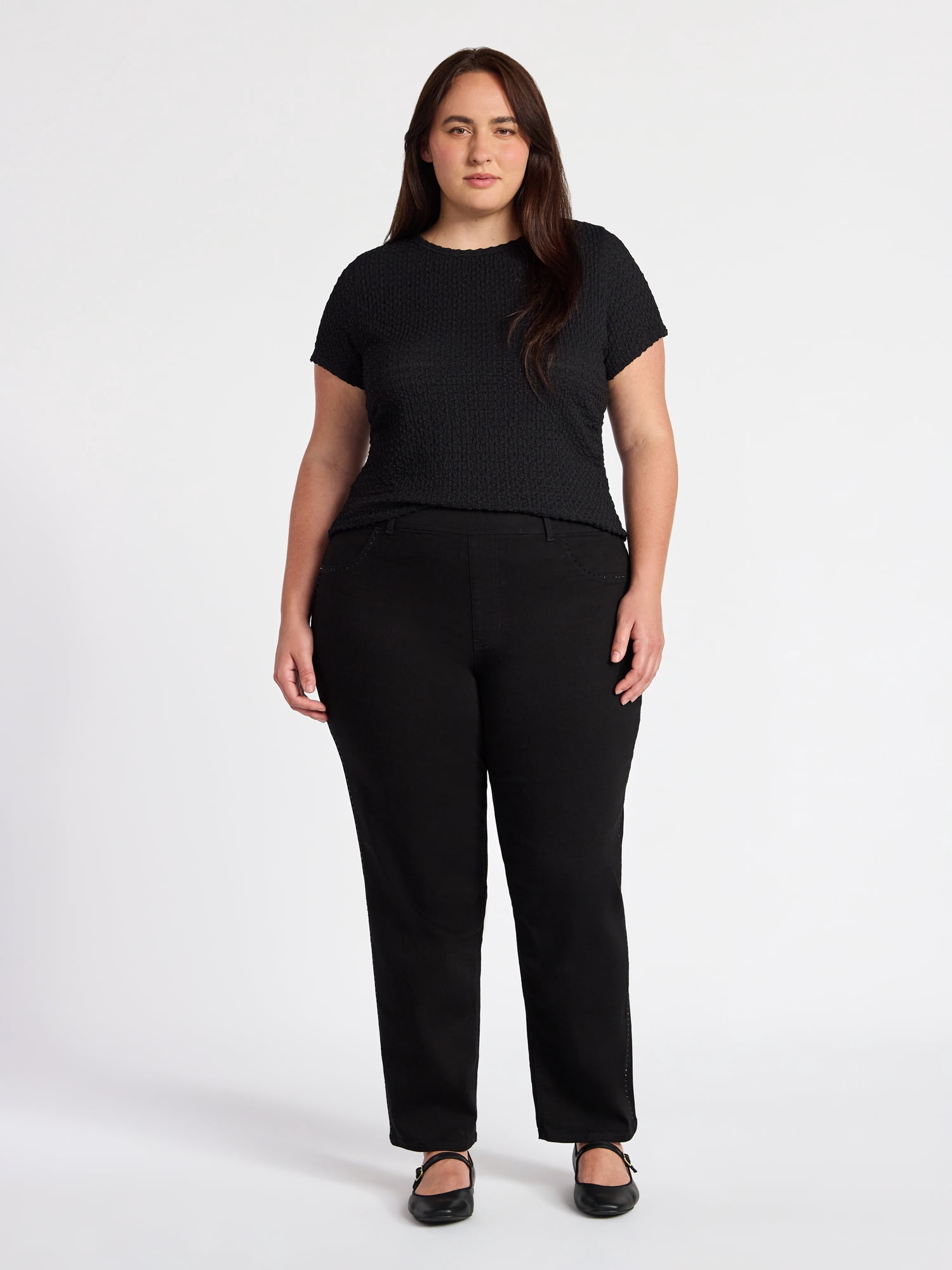 Terra & Sky Women's Plus High Rise Side Seam Embellished Straight Leg Jegging, 29" Inseam, Sizes 0X-5X
