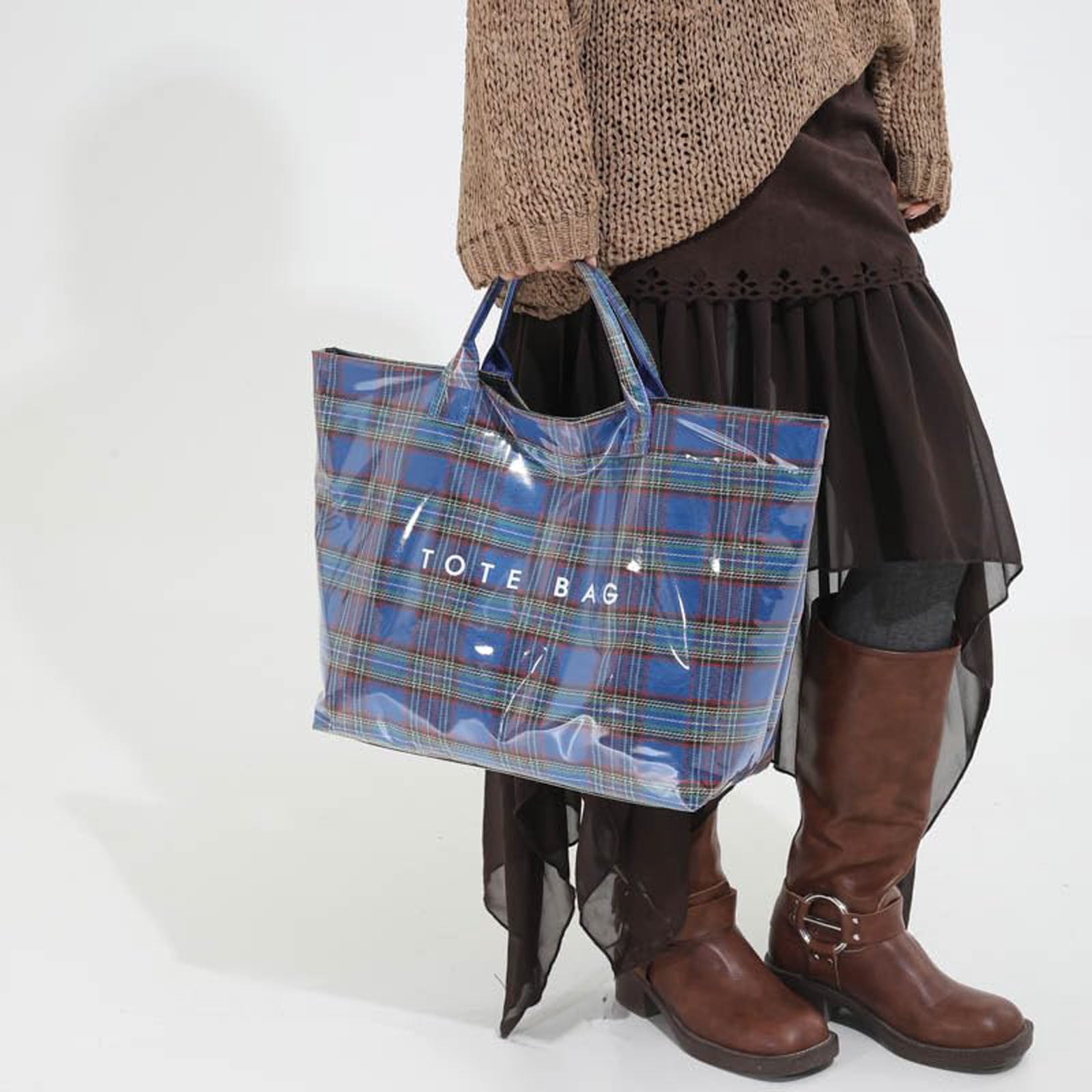 Comefolife Christmas Blue Plaid PVC Tote Bag for Women Vintage Christmas Buffalo Check Tote Bag Plastic Handbag