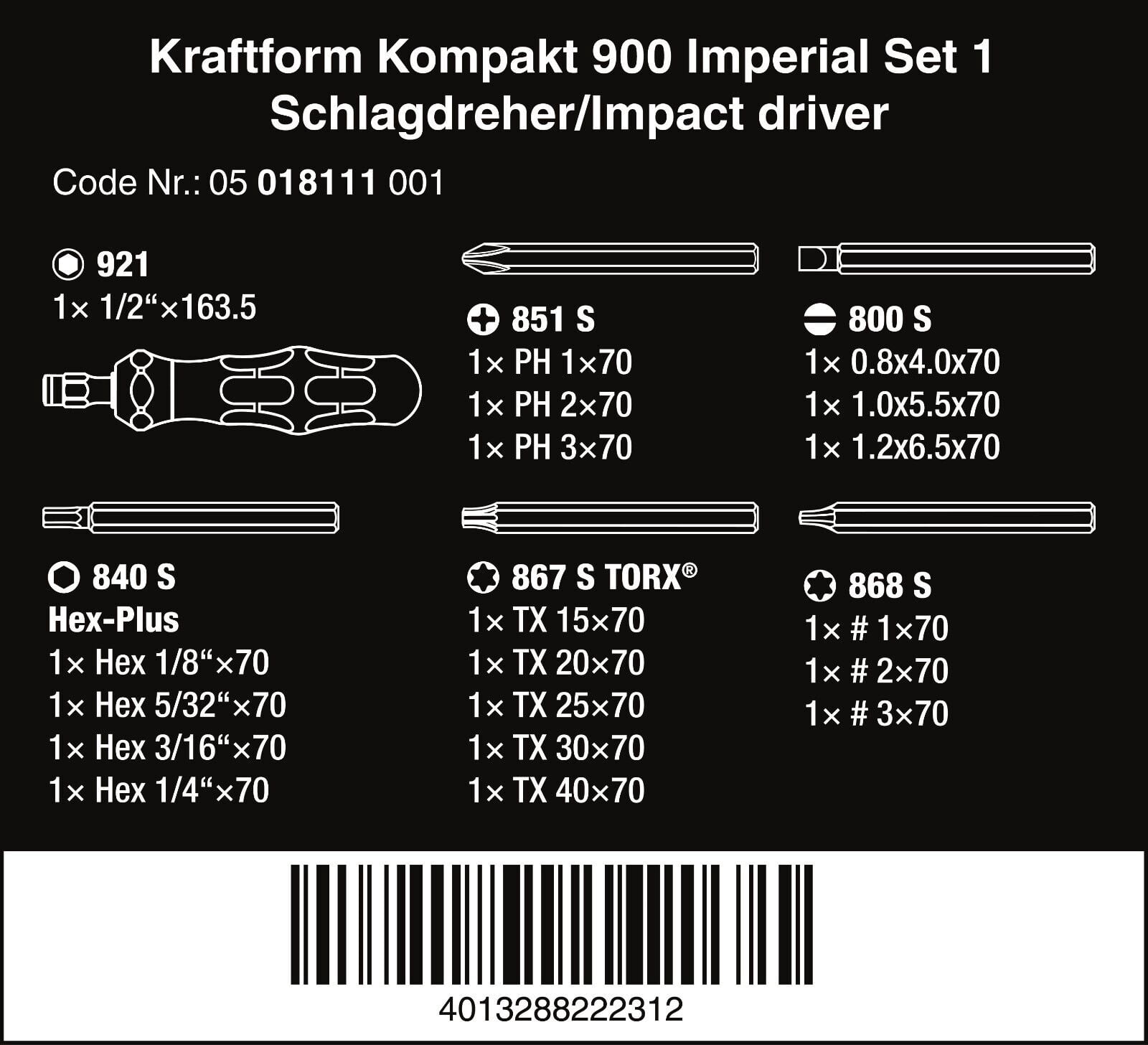 Wera Kraftform Kompakt 900 Set 1 Screwdriver Set 19 Pieces SAE 05018111001