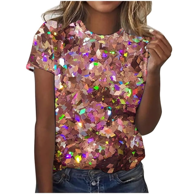 Liquidation! Uooqdmx Hauts à Sequins pour Femmes, Chemises à Manches Courtes pour Femmes, Hauts Scintillants pour Femmes, T-Shirt Décontracté à Col Rond Imprimé à Sequins, Hauts de Printemps pour Femmes 2025, Or Rose L