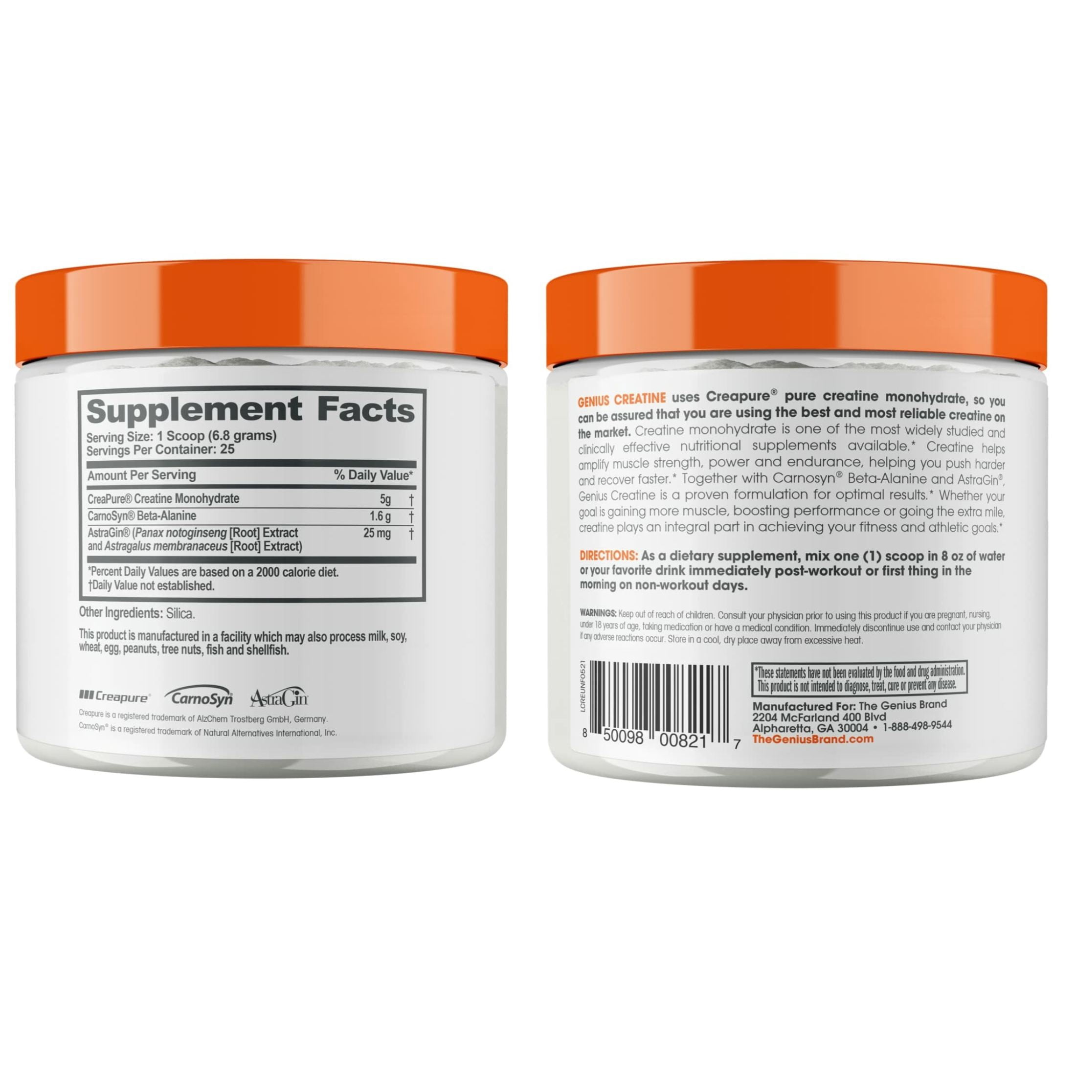 The Genius Brand Genius Creatine - Ultra pure Creatine Monohydrate plus Nootropics including Beta Alanine and Astragin for improved absorption, strength, and performance - Unflavored - 25 servings