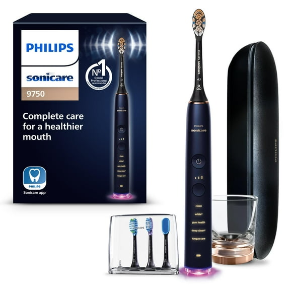 Philips Sonicare DiamondClean Smart 9750 Cepillo de Dientes Eléctrico, Cepillo de Dientes Sónico con App, Sensor de Presión, Detección del Cabezal, 5 Modos de Cepillado y 3 Niveles de Intensidad, Azul
