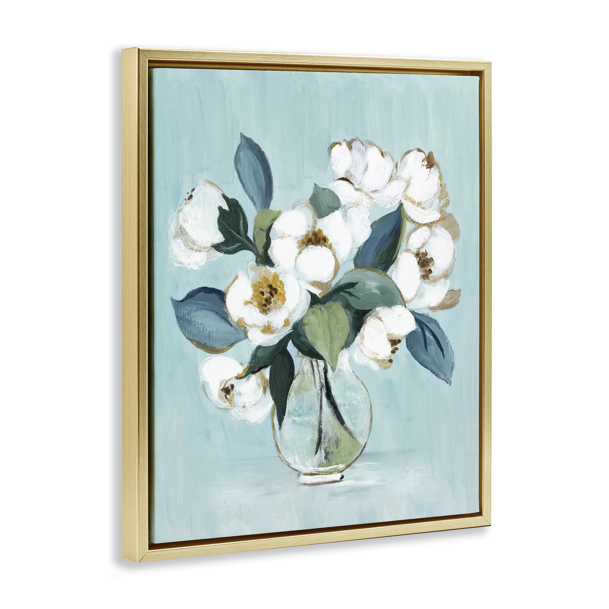 Stupell Industries Magnolia Arrangement over Blue Gold Framed Floater Canvas Wall Art, design by Janet Tava