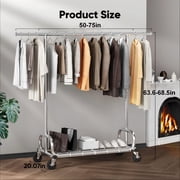 HOKEEPER Heavy Duty 450 lbs Capacity Clothing Rack with Shelves, Garment Rack, Adjustable Rolling Commercial Grade Clothes Rack (50-75 Length, 64-68 Height) with Storage Shelf Silver