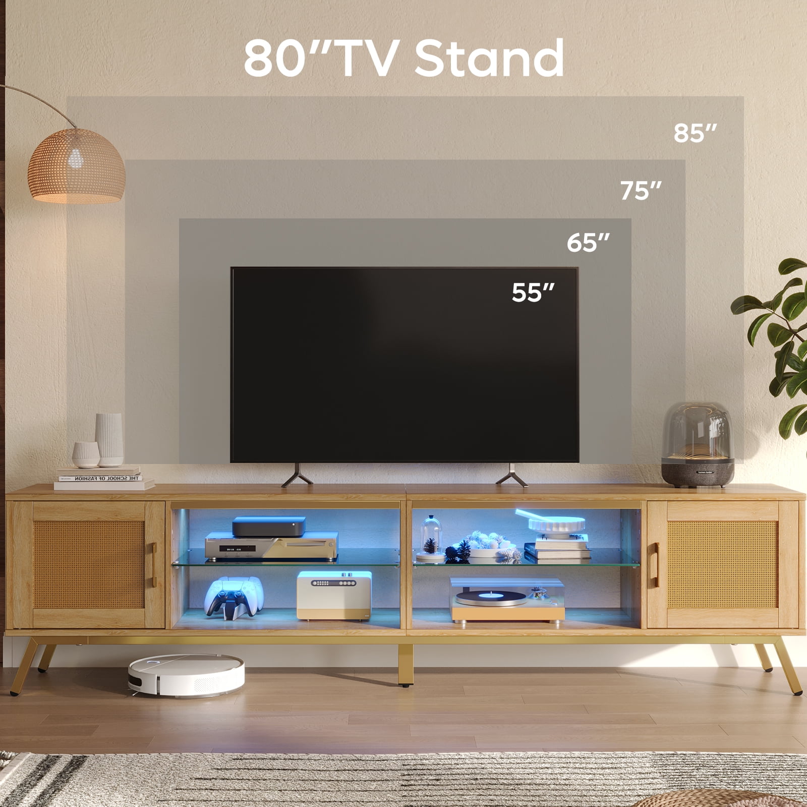 Bestier 80" TV Stand with LED for TVs up to 85", Rattan Mid Century Modern Entertainment Center, Natual Oak