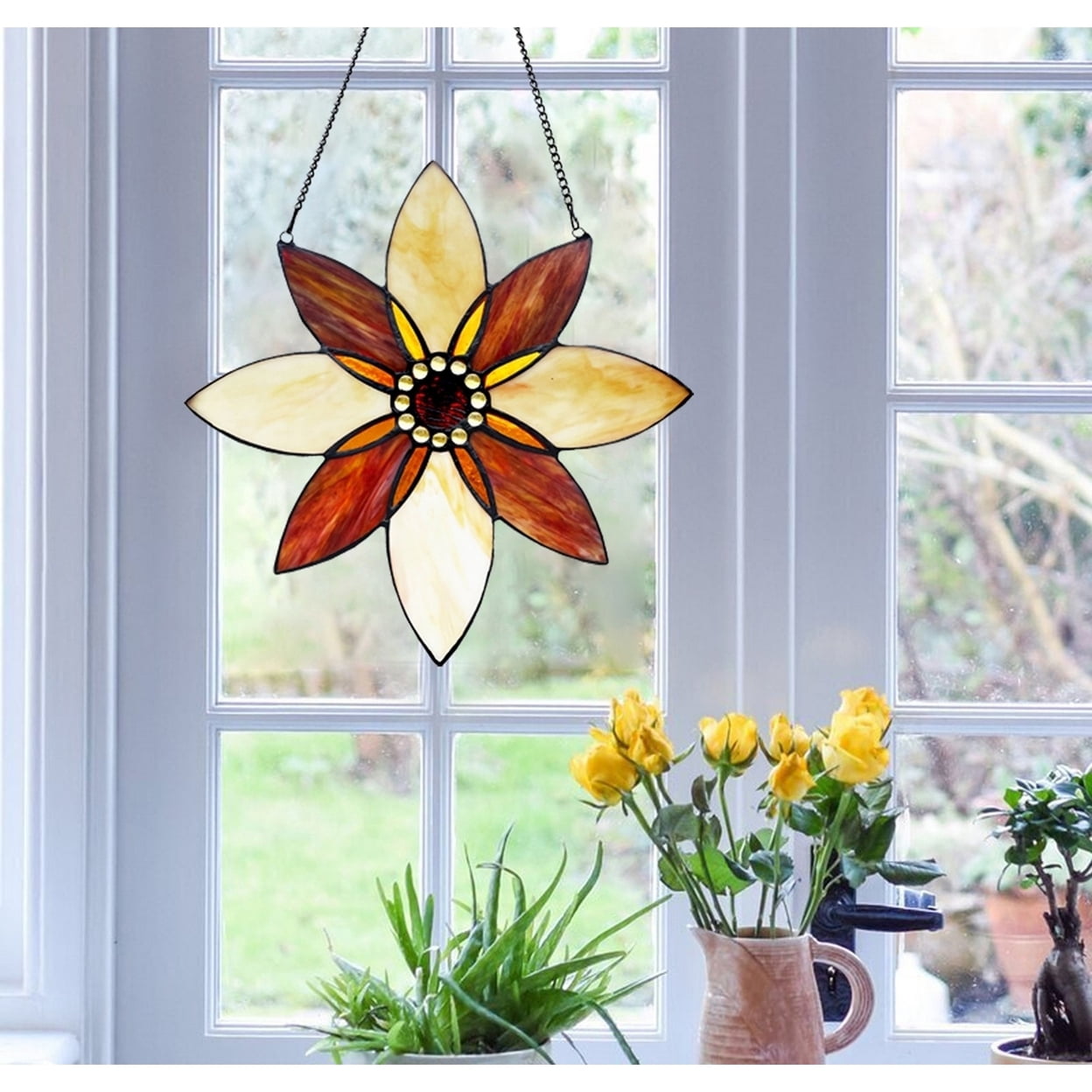 CHLOE Lighting VIOLA Floral-Style Black Finish Stained Glass Window Panel 13" Tall