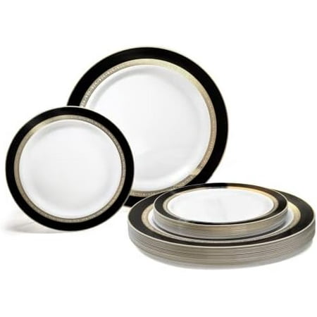 

OCCASIONS 240 Plates Pack (120 Guests) Heavyweight Premium Disposable Plastic Plates Set -120 X 10.5 Dinner 120 X 7.5 Salad/Dessert (Ritz Black And Gold)