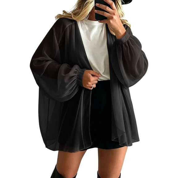 Cmfcve Women's Oversized Chiffon Kimonos Long Sleeve Sheer Chiffon Cardigans Loose Beach Vacation Lightweight Cover Ups
